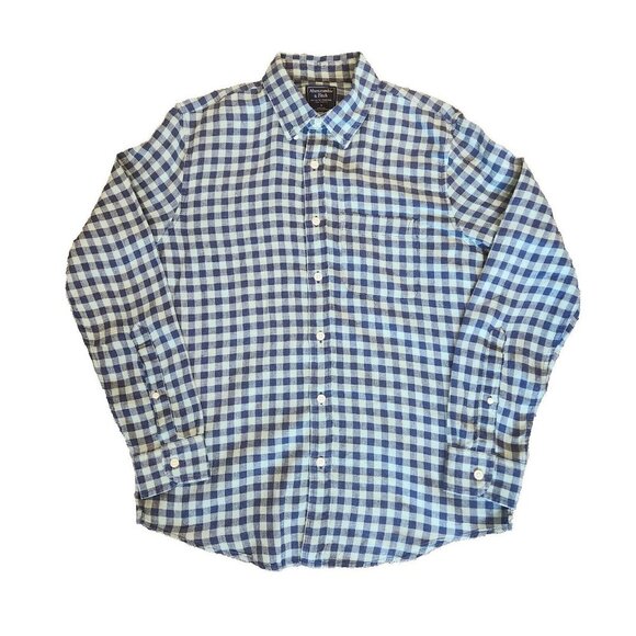Abercrombie & Fitch Shirt Mens Medium 100% Linen Button Down Blue Checked Plaid - Picture 1 of 5